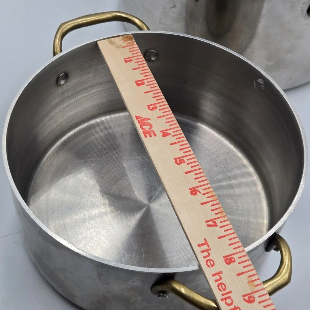 Set of 2 Vtg Atlas Metal Spinning Stainless Steel Stock Pots Brass Handle No Lid